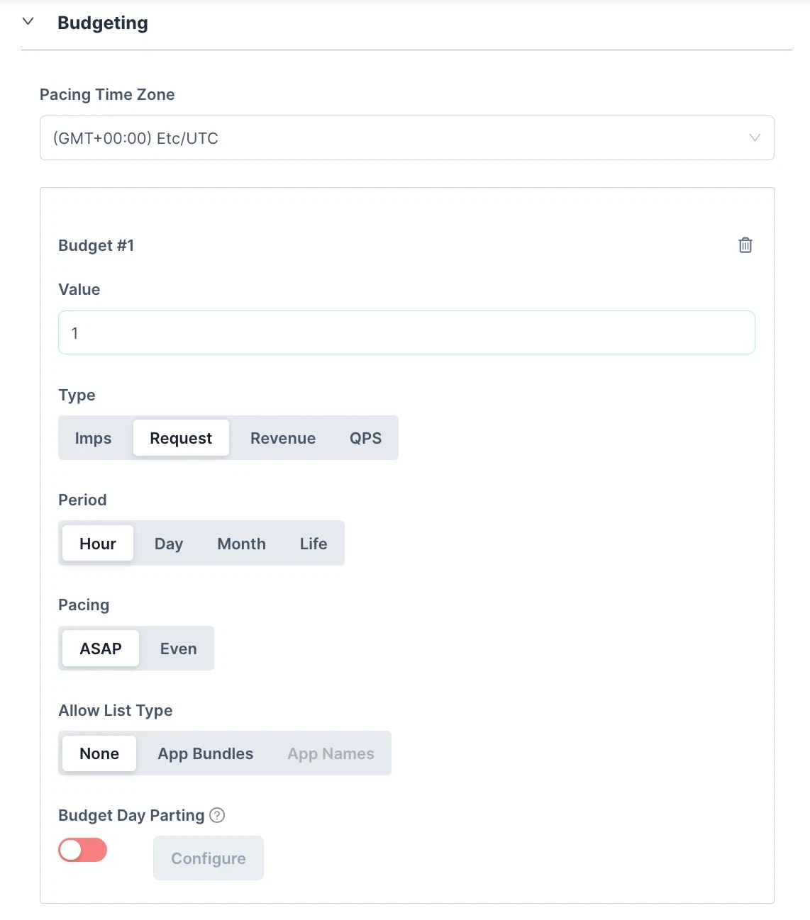Budget settings in Crossroads: budget type, period, pacing, allow list and day parting