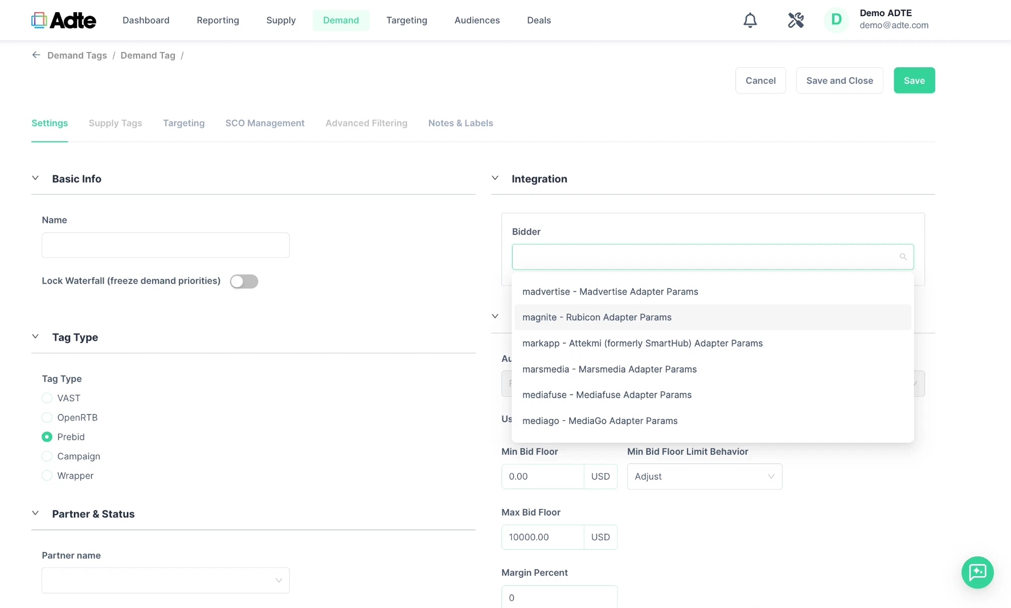 Setting up a Prebid demand tag in Crossroads, with the bidder list open
