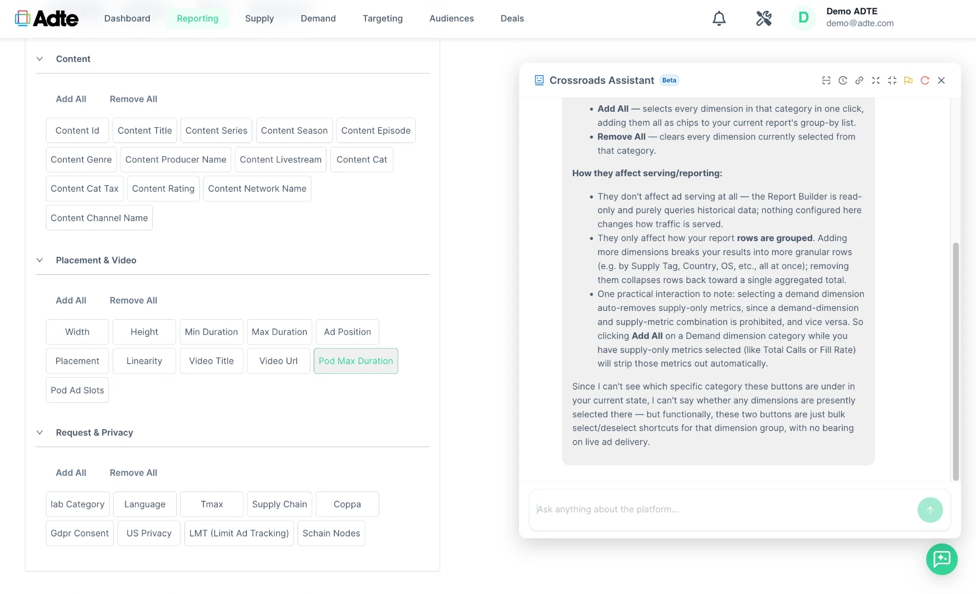 The Crossroads report builder with CTV content dimensions, and the assistant explaining how they work